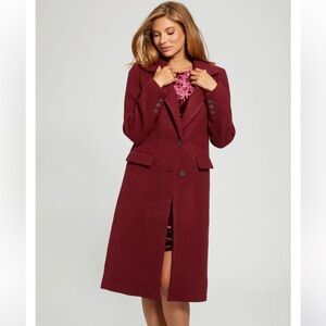 New Guess Vino Multi Laurence Burgundy 2 Breasted Button Long Coat S